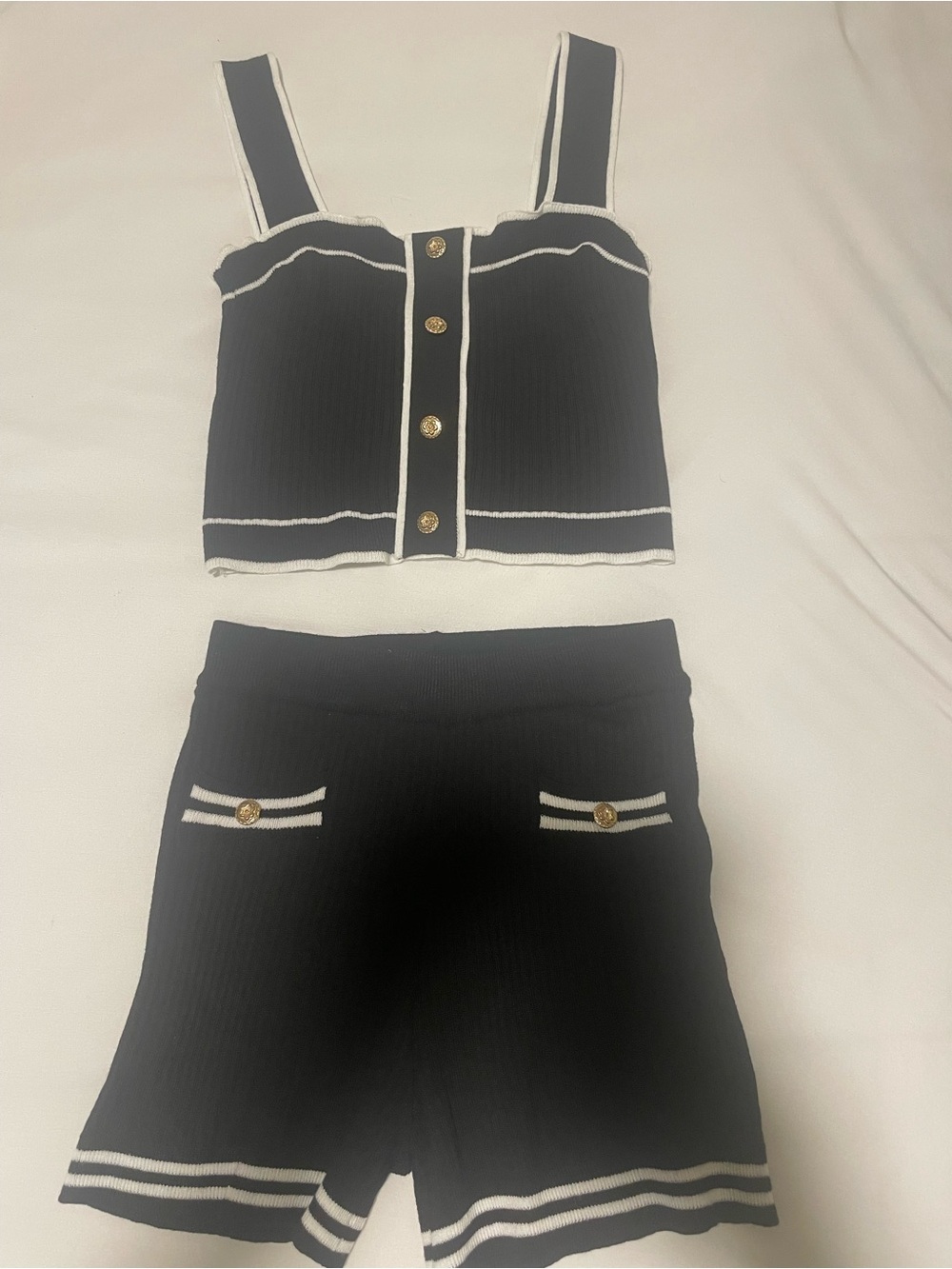 Black Knit Shorts Set with White Trim and Gold Buttons